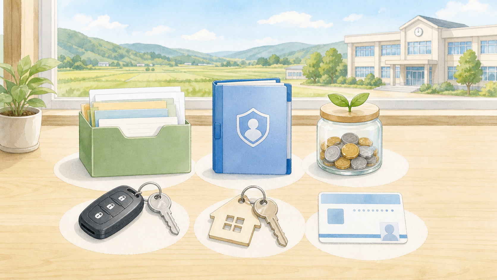 共済、保険、緊急資金、車と住まいを整理するイラスト