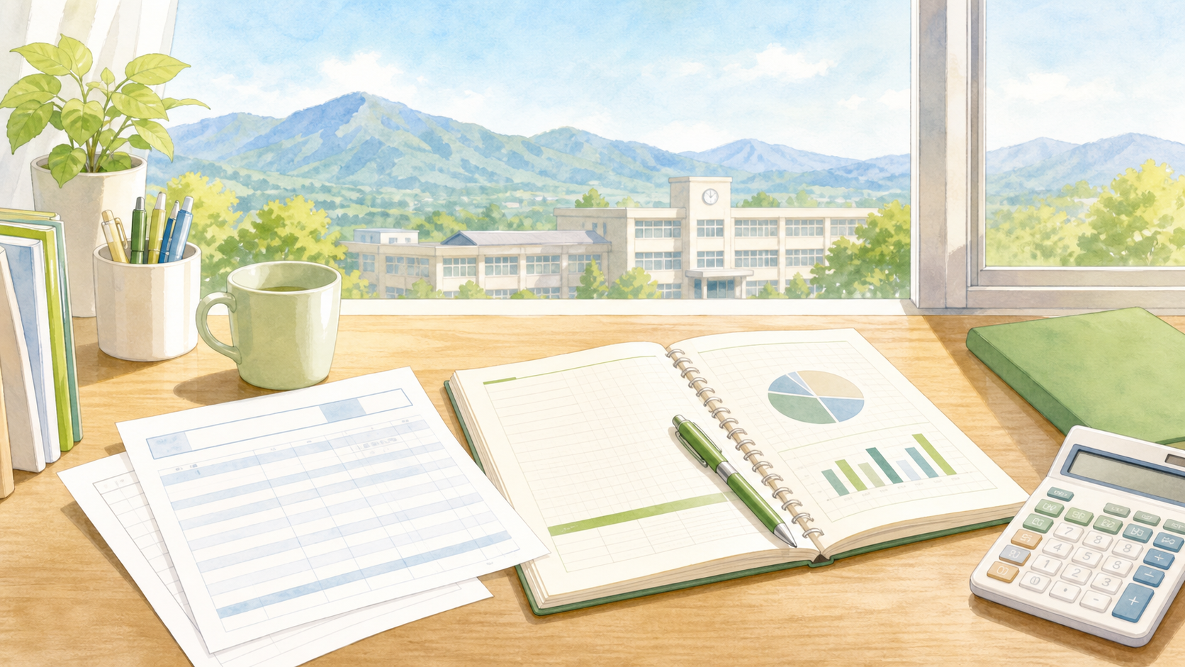 給与明細と家計ノートを机で整理するイラスト