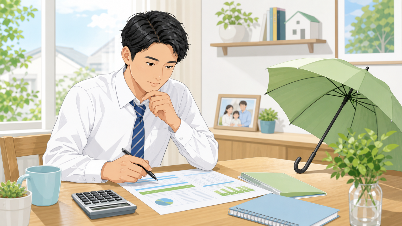 教員が家族のライフプランと生命保険の必要額を計算するイラスト